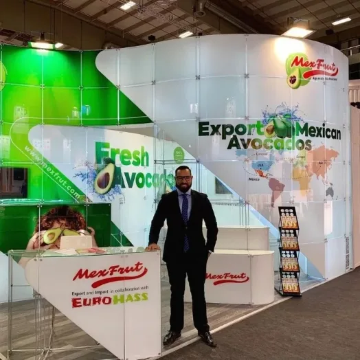 Stand de Mexfrut en una feria internacional del sector de fruta fresca.
